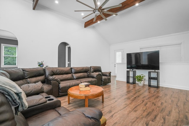 480 Shoat Trl, Hot Springs, AR 71913 - living room with arched walkways, beam ceiling, ceiling fan, wood finished floors, and recessed lighting