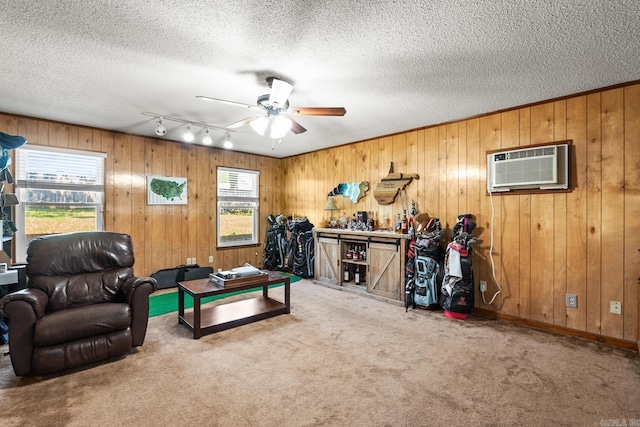 2 Timber Ridge Ct, Little Rock, AR 72211 - living area featuring a wall mounted AC, a ceiling fan, carpet flooring, a textured ceiling, and track lighting