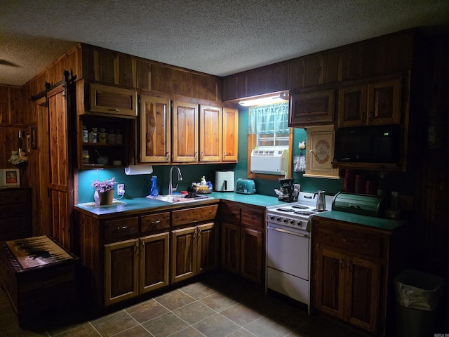 249 Mud Cat Rd, Heber Springs, AR 72543 - kitchen with a sink, black microwave, a textured ceiling, white electric range oven, and light countertops