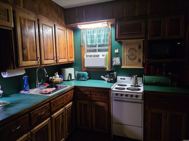 249 Mud Cat Rd, Heber Springs, AR 72543 - kitchen with electric range, a sink, a textured ceiling, black microwave, and light countertops