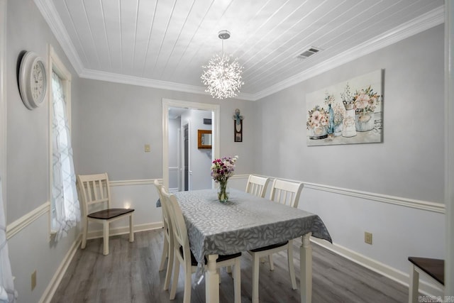 55 Laver Cir, Little Rock, AR 72210 - dining area with a chandelier, wood finished floors, ornamental molding, wood ceiling, and baseboards