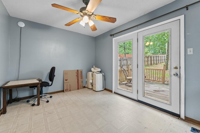 104 Heatherbrae Ct, Sherwood, AR 72120 - home office featuring tile patterned floors, baseboards, ceiling fan, and a textured ceiling