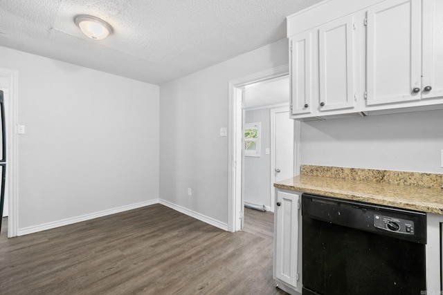713 Hyacinth St, North Little Rock, AR 72117 - kitchen featuring black dishwasher, dark wood-type flooring, white cabinets, light countertops, and a textured ceiling