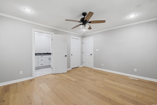 912 Bumpus Rd, Alexander, AR 72002 - unfurnished bedroom with baseboards, light wood-style flooring, connected bathroom, ornamental molding, and recessed lighting