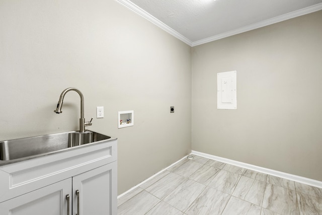 912 Bumpus Rd, Alexander, AR 72002 - laundry area featuring cabinet space, electric dryer hookup, washer hookup, ornamental molding, and baseboards