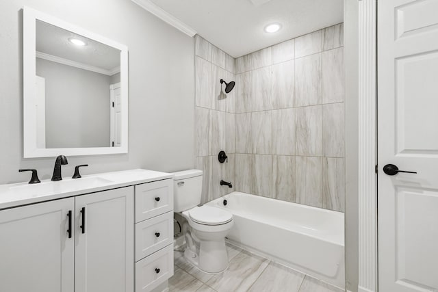 912 Bumpus Rd, Alexander, AR 72002 - full bath featuring crown molding, toilet, vanity,  shower combination, and a textured ceiling