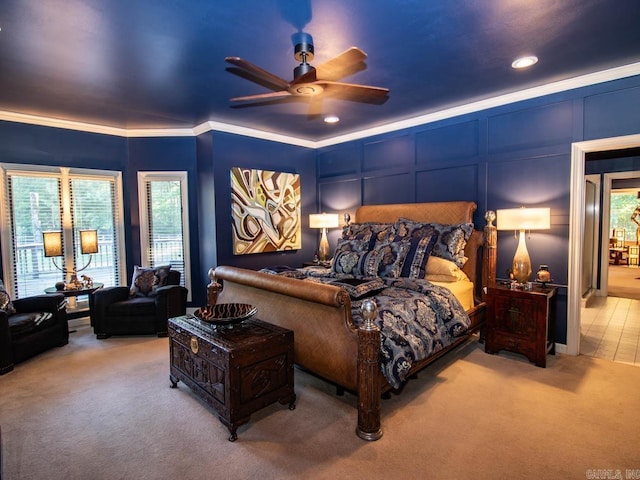 22405 Denny Rd, Little Rock, AR 72223 - carpeted bedroom with a decorative wall, ornamental molding, recessed lighting, and a ceiling fan