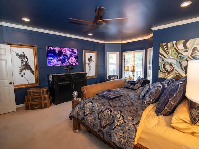 22405 Denny Rd, Little Rock, AR 72223 - carpeted bedroom with crown molding, recessed lighting, a ceiling fan, and a decorative wall