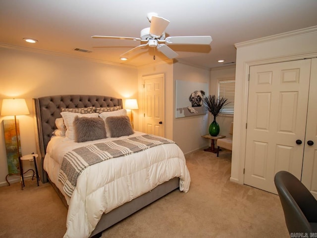 22405 Denny Rd, Little Rock, AR 72223 - bedroom with light colored carpet, crown molding, baseboards, a ceiling fan, and recessed lighting