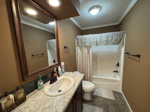 684 Cotter Rd, Gassville, AR 72635 - bathroom with toilet, shower / bath combination with curtain, vanity, ornamental molding, and baseboards