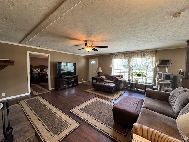 684 Cotter Rd, Gassville, AR 72635 - living area with a textured ceiling, dark wood finished floors, baseboards, a ceiling fan, and crown molding