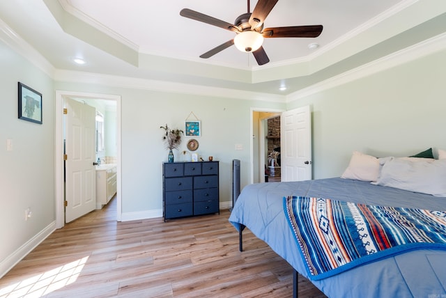 118 Caroline Loop, Plumerville, AR 72127 - bedroom featuring a raised ceiling, light wood-type flooring, crown molding, baseboards, and a ceiling fan