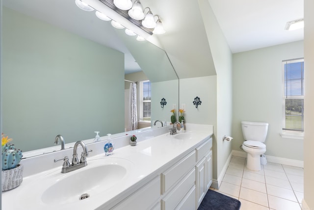 118 Caroline Loop, Plumerville, AR 72127 - full bathroom featuring toilet, double vanity, baseboards, tile patterned flooring, and a shower with shower curtain