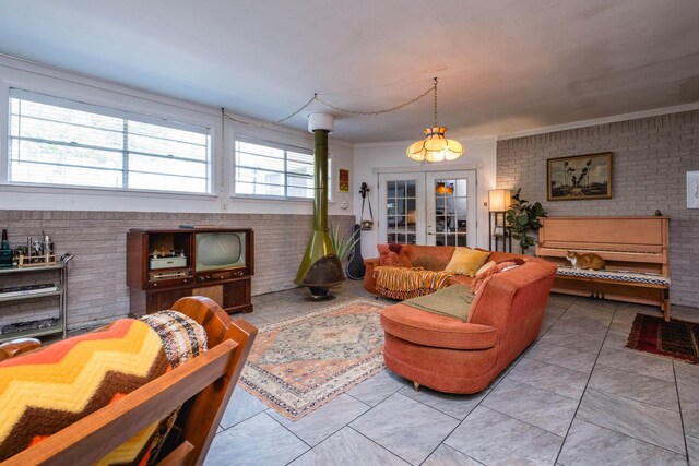 4500 Glenmere Rd, North Little Rock, AR 72116 - tiled living area with ornamental molding, french doors, and brick wall