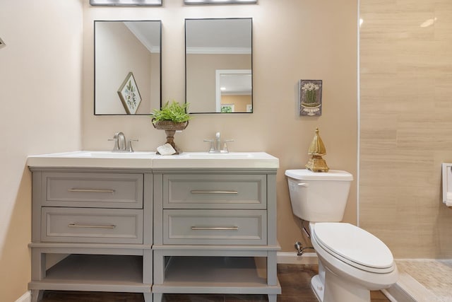 6513 Corsica Dr, North Little Rock, AR 72116 - full bath with toilet, double vanity, crown molding, a tile shower, and baseboards