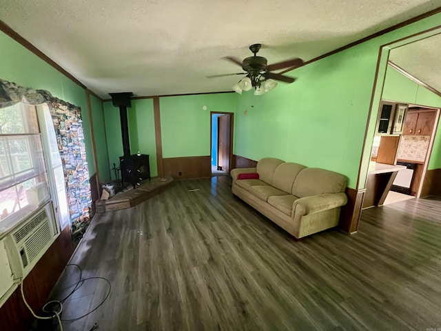 1263 Lost Creek Rd, Pearcy, AR 71964 - living area with a wood stove, a textured ceiling, wood finished floors, ceiling fan, and vaulted ceiling