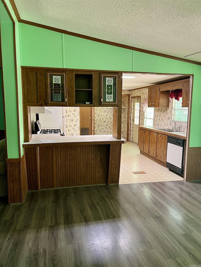 1263 Lost Creek Rd, Pearcy, AR 71964 - kitchen with dishwasher, crown molding, a textured ceiling, wood finished floors, and a sink