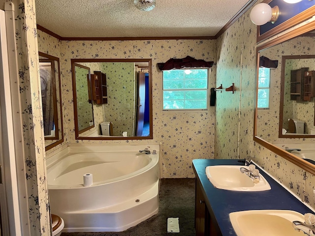 1263 Lost Creek Rd, Pearcy, AR 71964 - full bath featuring wallpapered walls, crown molding, a textured ceiling, double vanity, and a bath