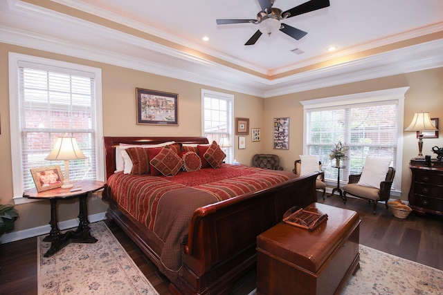 133 Scenic Valley Loop, Maumelle, AR 72113 - bedroom with dark wood-type flooring, crown molding, baseboards, and a raised ceiling