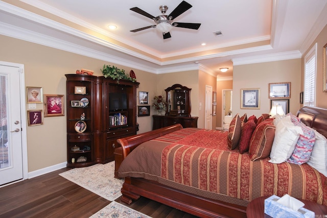 133 Scenic Valley Loop, Maumelle, AR 72113 - bedroom featuring a raised ceiling, dark wood-type flooring, baseboards, ornamental molding, and a ceiling fan