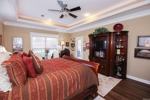 133 Scenic Valley Loop, Maumelle, AR 72113 - bedroom with a raised ceiling, dark wood-type flooring, baseboards, crown molding, and ceiling fan
