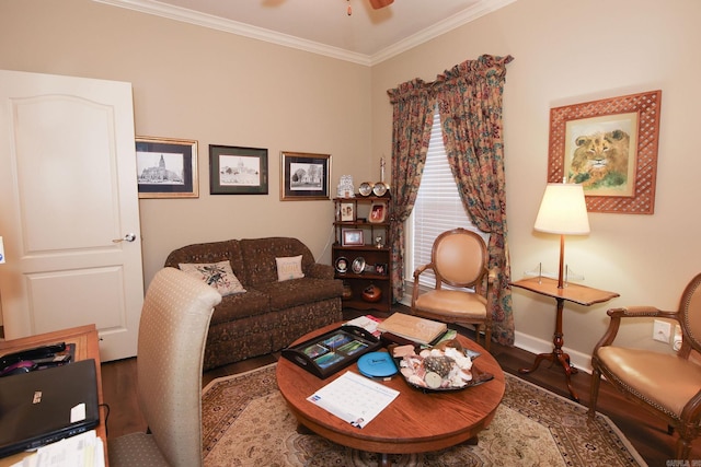 133 Scenic Valley Loop, Maumelle, AR 72113 - living area with wood finished floors, baseboards, crown molding, and a ceiling fan