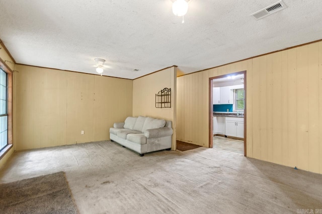 766 Grant 735 Rd, Sheridan, AR 72150 - unfurnished living room featuring a textured ceiling, light colored carpet, wooden walls, and ceiling fan