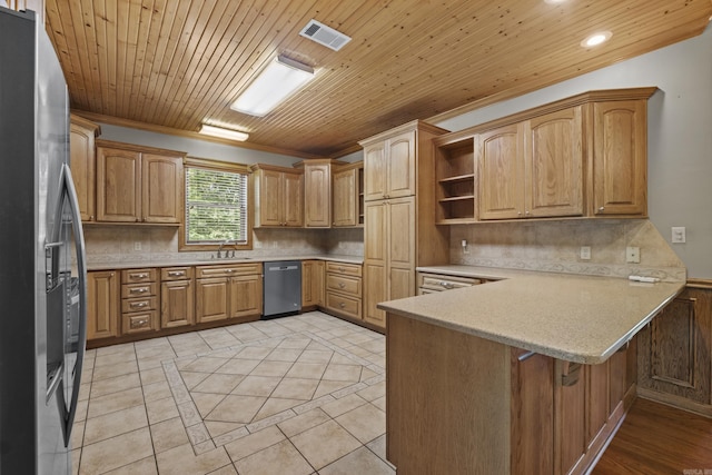 645 Drye Rd, Biscoe, AR 72017 - kitchen featuring appliances with stainless steel finishes, a peninsula, decorative backsplash, recessed lighting, and ornamental molding