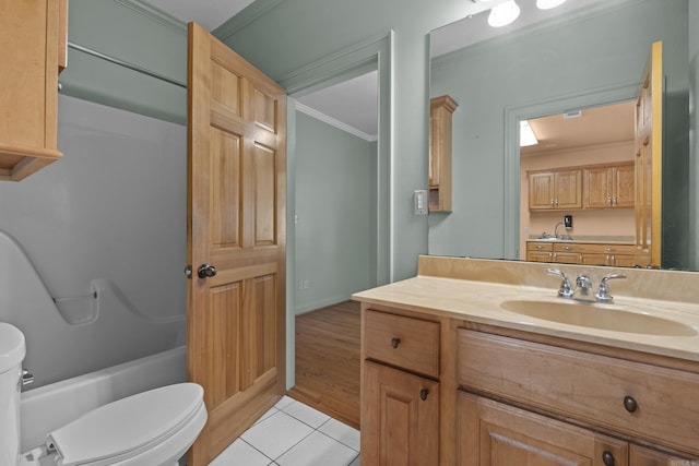 645 Drye Rd, Biscoe, AR 72017 - full bathroom with toilet, vanity, tile patterned flooring, ornamental molding, and shower / tub combination