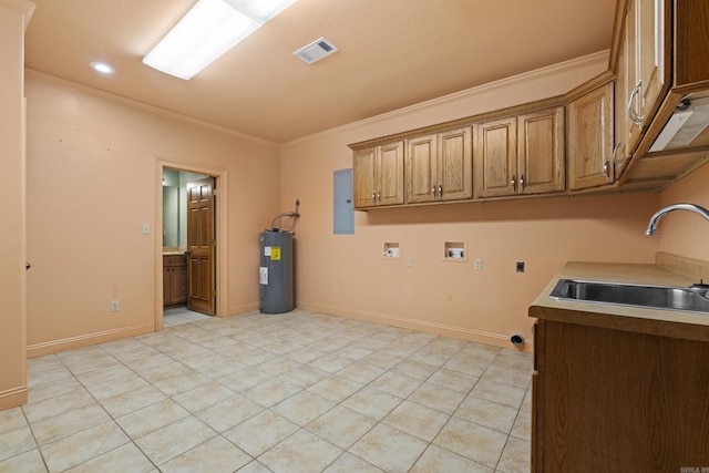645 Drye Rd, Biscoe, AR 72017 - washroom with electric water heater, crown molding, hookup for a washing machine, cabinet space, and hookup for an electric dryer