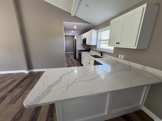 2174 N Main St, Melbourne, AR 72556 - kitchen featuring appliances with stainless steel finishes, lofted ceiling, light stone countertops, dark wood-type flooring, and a peninsula