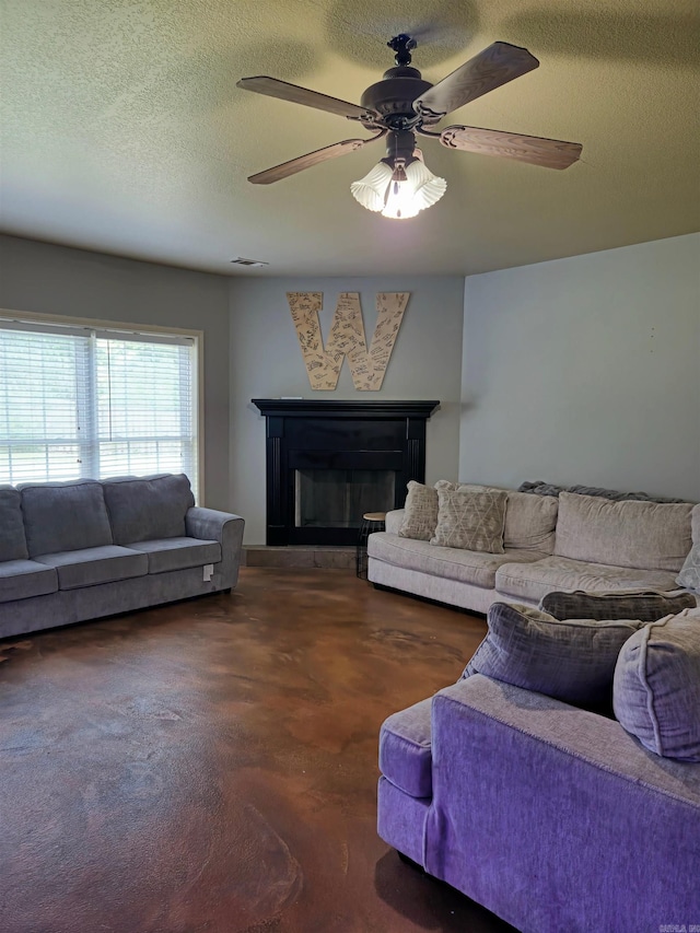 2000 Boundary Oaks Dr, Jonesboro, AR 72404 - living area with a fireplace, a textured ceiling, and a ceiling fan