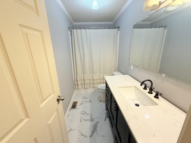 147 Winfree Ln, Melbourne, AR 72556 - bathroom featuring marble look tiles, vanity, a textured ceiling, toilet, and ornamental molding