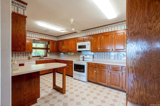 265 Zebulin Dr, Heber Springs, AR 72543 - kitchen with white appliances, light flooring, light countertops, a sink, and a textured ceiling