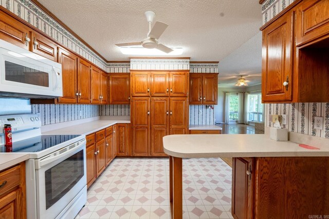 265 Zebulin Dr, Heber Springs, AR 72543 - kitchen with white appliances, a ceiling fan, light countertops, a textured ceiling, and brown cabinetry