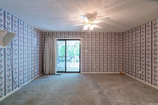 265 Zebulin Dr, Heber Springs, AR 72543 - unfurnished room featuring wallpapered walls, a textured ceiling, ceiling fan, carpet, and baseboards