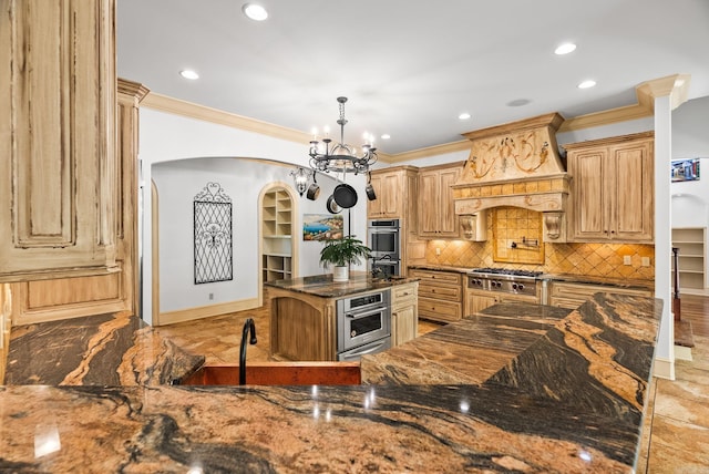 31 Cravache Ct, Little Rock, AR 72223 - kitchen featuring arched walkways, appliances with stainless steel finishes, dark stone counters, custom exhaust hood, and crown molding