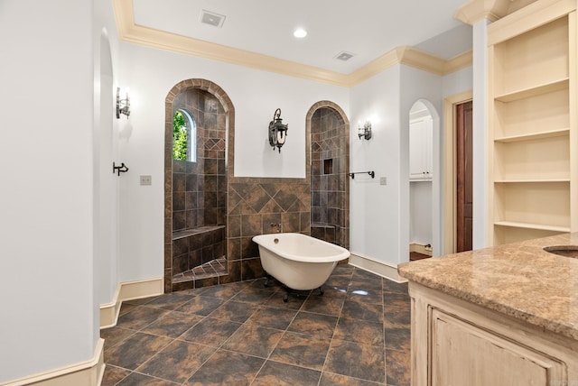 31 Cravache Ct, Little Rock, AR 72223 - bathroom featuring ornamental molding, a freestanding tub, vanity, walk in shower, and built in shelves