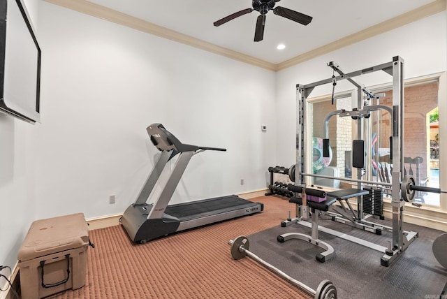 31 Cravache Ct, Little Rock, AR 72223 - workout area with carpet flooring, baseboards, ornamental molding, ceiling fan, and recessed lighting