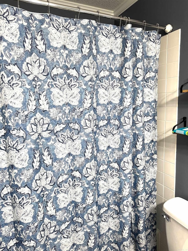 bathroom featuring toilet, ornamental molding, and a shower with curtain