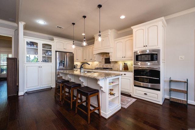 6 W Lake Ln, Little Rock, AR 72210 - kitchen with stainless steel appliances, a sink, open shelves, dark wood-type flooring, and ornamental molding