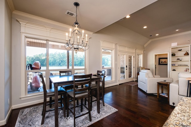 6 W Lake Ln, Little Rock, AR 72210 - dining area featuring crown molding, a chandelier, dark wood-type flooring, lofted ceiling, and recessed lighting