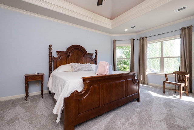 6 W Lake Ln, Little Rock, AR 72210 - bedroom featuring light carpet, baseboards, ornamental molding, a raised ceiling, and ceiling fan