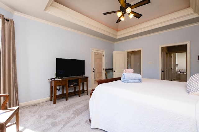 6 W Lake Ln, Little Rock, AR 72210 - bedroom with a tray ceiling, crown molding, light colored carpet, ceiling fan, and baseboards