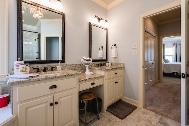 6 W Lake Ln, Little Rock, AR 72210 - full bathroom with crown molding, double vanity, ensuite bathroom, a stall shower, and tile patterned floors