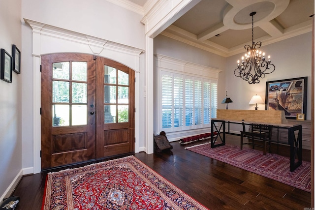 6 W Lake Ln, Little Rock, AR 72210 - foyer featuring wood finished floors, french doors, a chandelier, baseboards, and coffered ceiling
