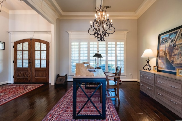 6 W Lake Ln, Little Rock, AR 72210 - foyer entrance featuring dark wood-style flooring, a chandelier, crown molding, french doors, and baseboards