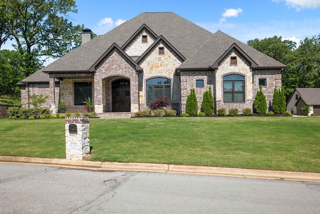 2059 Sloan Lake Dr, Jonesboro, AR 72404 - french country style house featuring a front yard, a chimney, brick siding, and stone siding