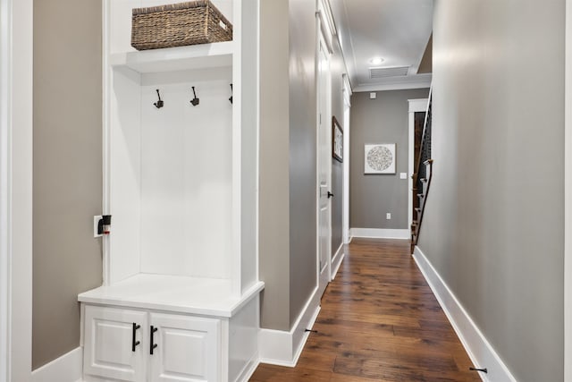 2059 Sloan Lake Dr, Jonesboro, AR 72404 - mudroom featuring dark wood-style floors, baseboards, and crown molding