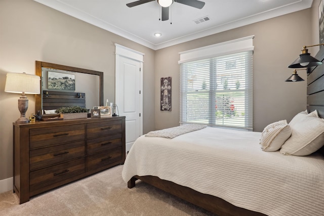 2059 Sloan Lake Dr, Jonesboro, AR 72404 - bedroom featuring crown molding, light carpet, and a ceiling fan